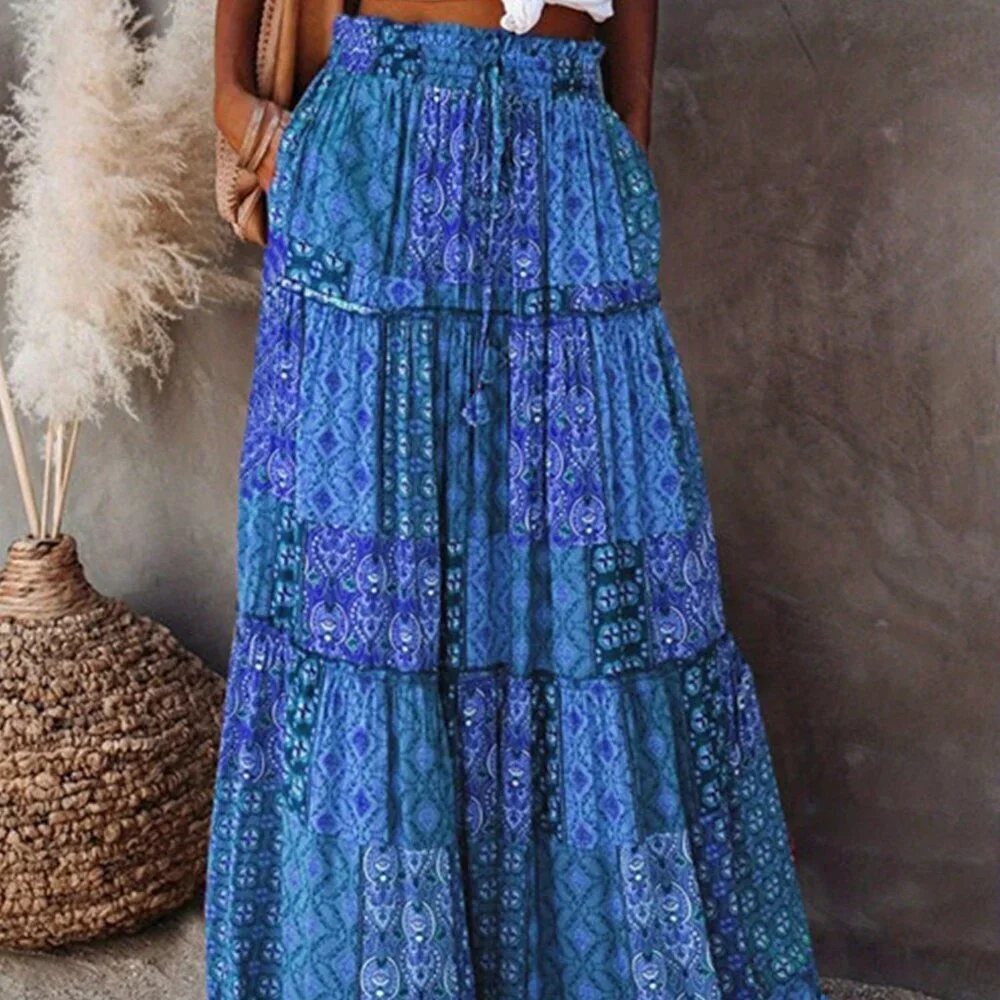 Dark Blue Boho Women's Elastic High Waist A-Line Tiered Long Skirt with Pockets